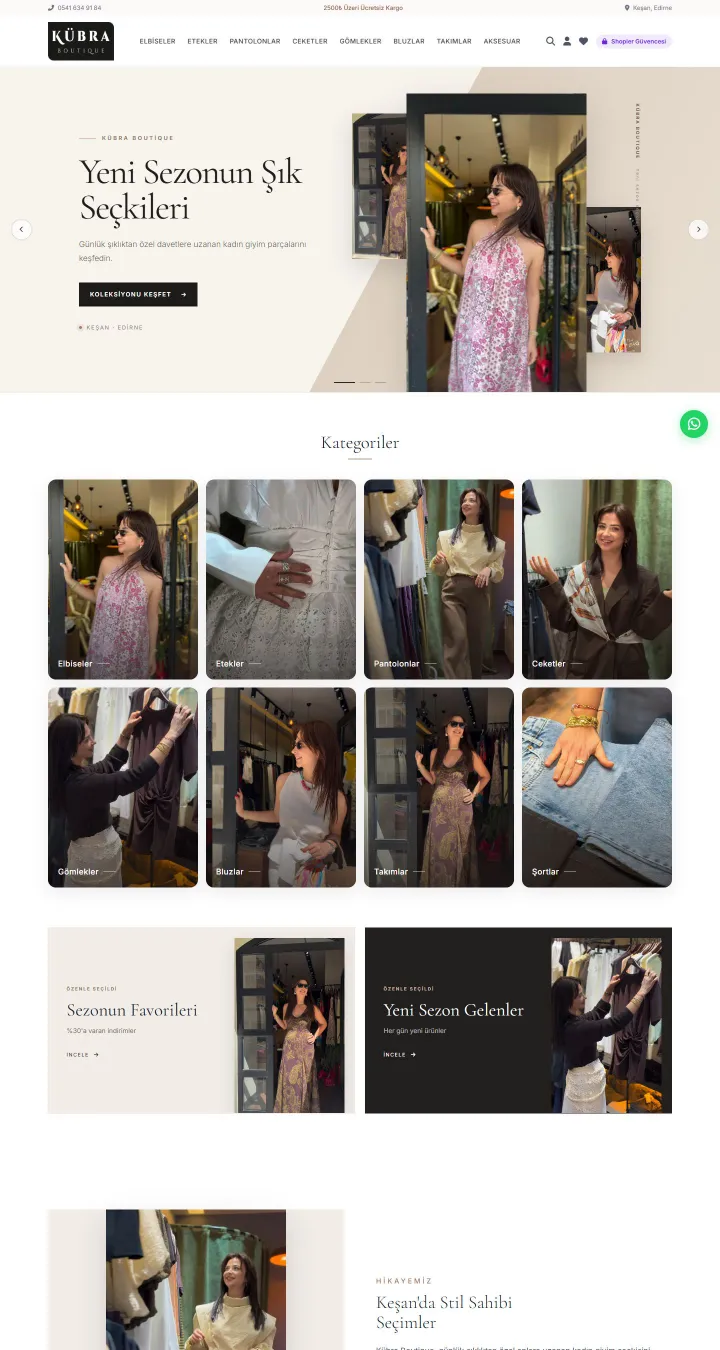 Kübra Boutique web sitesi ana sayfası