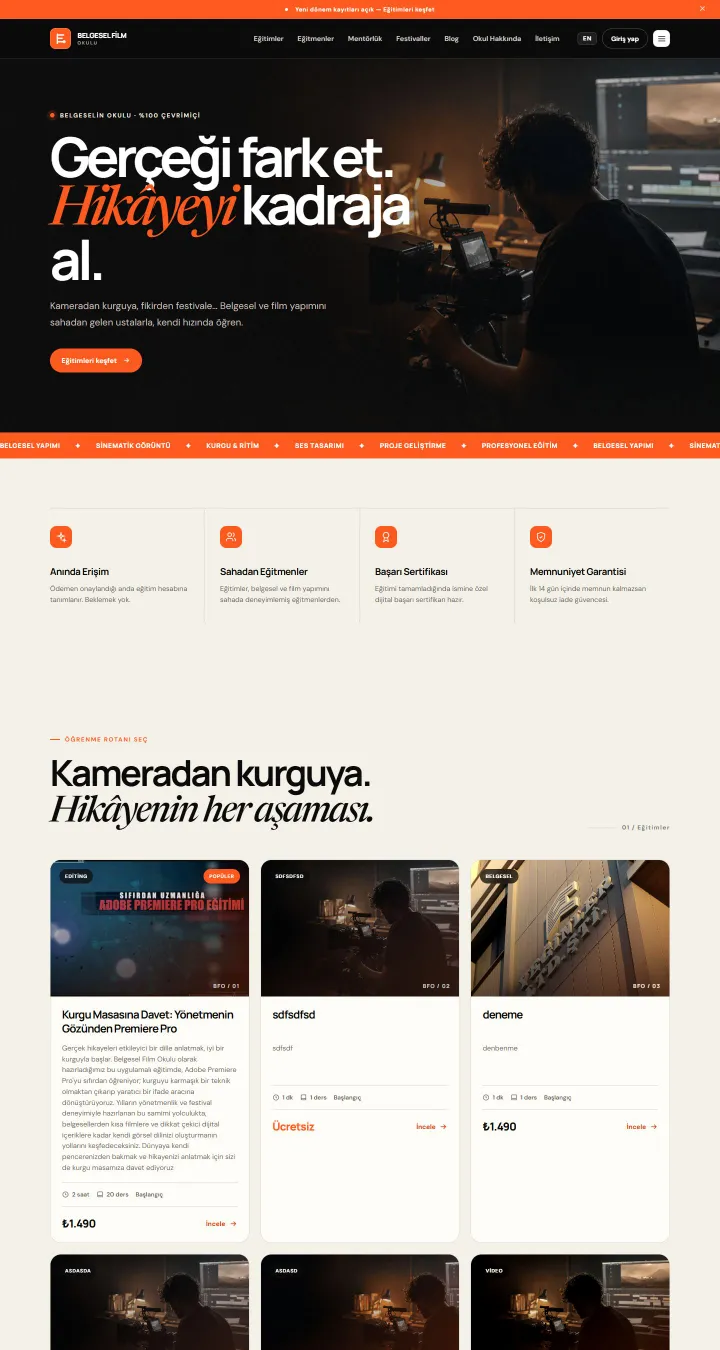 Belgesel Film Okulu web sitesi ana sayfası