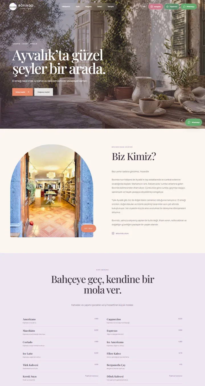 BOViNDO Store & Cafe web sitesi ana sayfası
