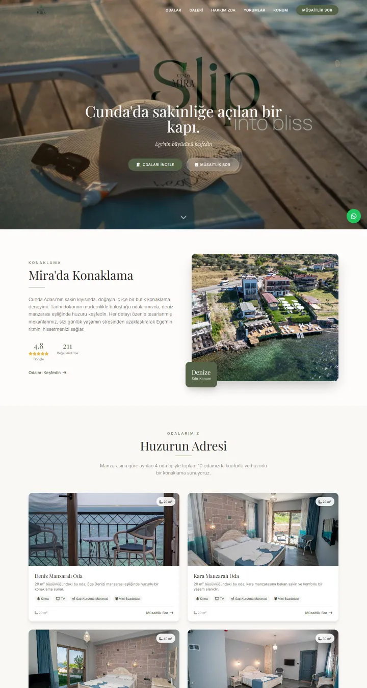 Cunda Mira Otel web sitesi ana sayfası