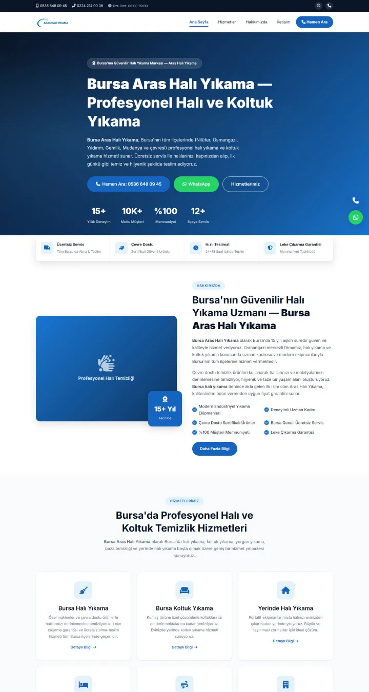 Bursa Aras Halı Yıkama web sitesi ana sayfası