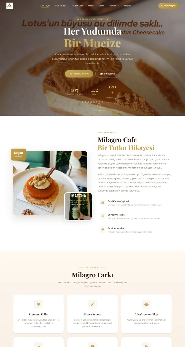 Milagro Cafe web sitesi ana sayfası