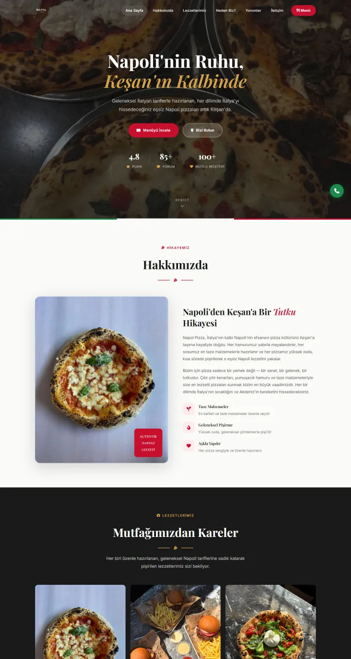Napol Pizza web sitesi ana sayfası